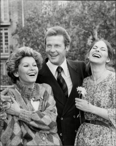 Sir Roger Moore with his wife Luisa Mattioli and actress Barbara Kellerman.