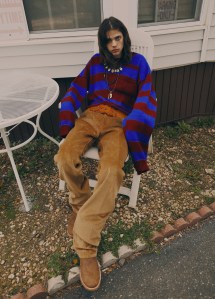 Raf Simons’ wool sweater and Prada’s cotton corduroy pants. Pascale Monvoisin necklace; Prada belt; Ariat boots.