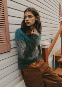 Kolor’s mohair, wool and nylon sweater; Burberry’s track jacket and Matiere’s cotton corduroy pants. Prada belt; Pascale Monvoisin necklace.