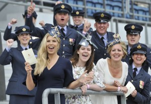 High hats - Brooke Harrison-Davies, Fiona Ferguson and Charlotte Barmby (with Spitfire hat ) from the RAF Benevolent Fund wear military styled hats for Royal Ascot's Armed Forces Day. The headwear was designed by milliner Angela Bruce in support of the RAF Benevolent Fund.Royal Ascot Armed Forces Day, UK - 23 Jun 2017