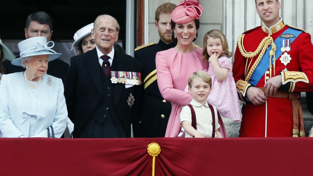 Queen Elizabeth, the Duke of Edinburgh, Prince Harry, Duchess of Cambridge (in Alexander McQueen) Prince William, Prince George and Princess Charlotte at the Trooping the Colour Parade