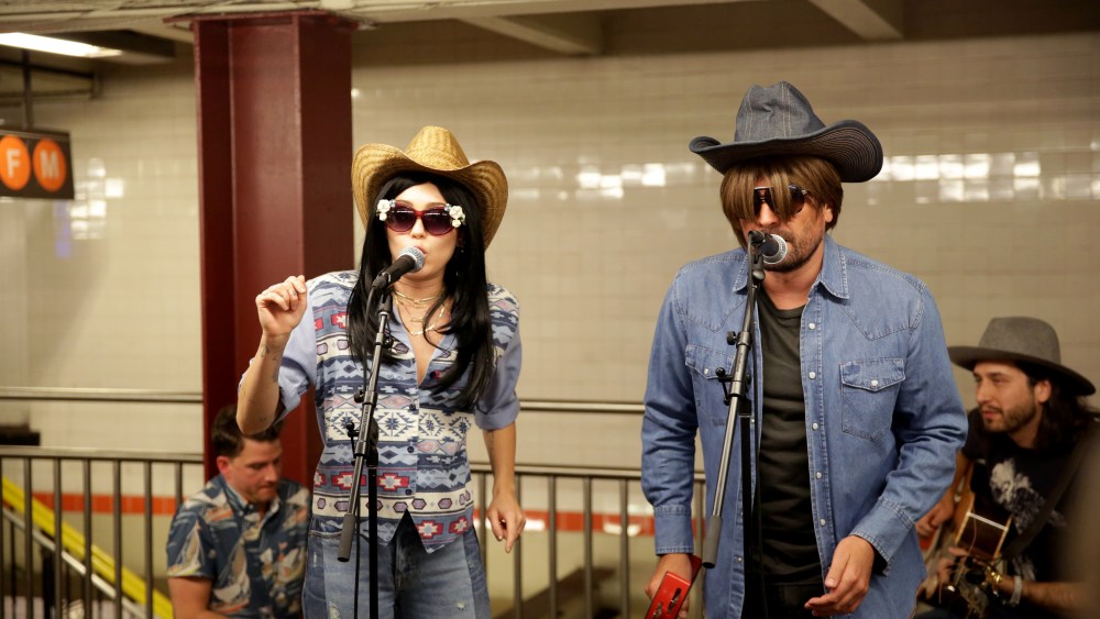 THE TONIGHT SHOW STARRING JIMMY FALLON -- Episode 0692 -- Pictured: (l-r) Musical Guest/Co-Host Miley Cyrus with host Jimmy Falllon "Subway Busking" on June 13, 2017 -- (Photo by: Andrew Lipovsky/NBC/NBCU Photo Bank)