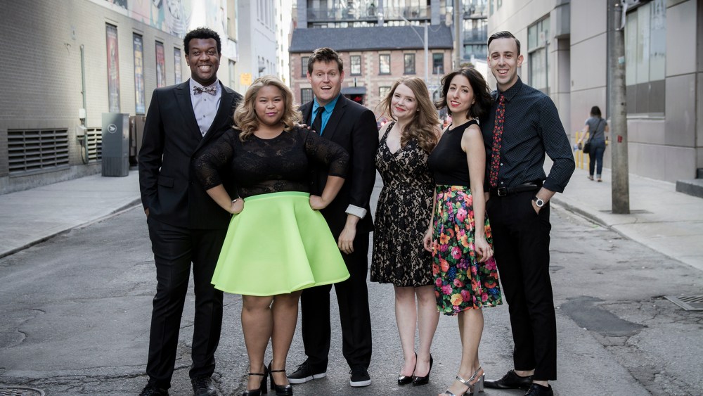 Brandon Hackett, Ann Pornel, Devon Hyland, Allana Reoch, Nadined Joury, and Colin Munch of Second City in Toronto.