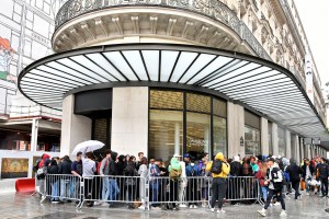 People queueing for the Louis Vuitton x Supreme launch in Paris.