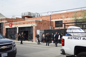 The line outside the Louis Vuitton x Supreme Los Angeles pop-up in the Arts District.