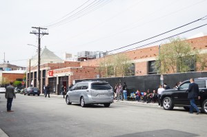 The line outside the Louis Vuitton x Supreme Los Angeles pop-up in the Arts District.