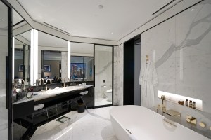 An artist rendering of a bathroom in the hotel. 