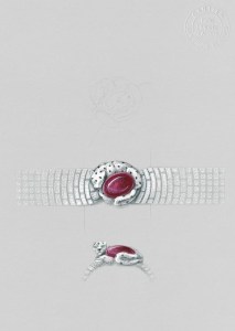 Panthere Lovee Watch: White gold, 62.48 carats oval-shaped cabochon-cut ruby from Vietnam, onyx spots, emerald eyes, brilliant-cut diamonds for approx. 30 carats