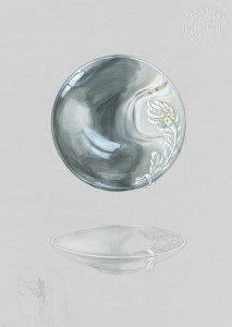 Plume De Paon Bowl: Agate bowl, white gold, brilliant-cut diamonds (4cts), 6 vivid yellow, green and blue sapphires from Madagascar 4.94 carats. The peacock feather can be used as a hair clip.