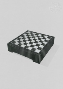 Precious Fauna Chess Game: White marble & silver obsidian marquetry chessboard, grey and black wood marquetry box
