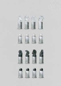Precious Fauna Chess Game: White marble & silver obsidian, sterling silver with palladium finish, black & white ceramic 3D printed animals.