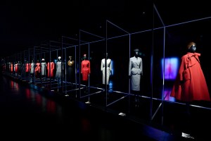 Designs by Christian Dior, Yves Saint Laurent and Marc Bohan in the Dior exhibition at Les Arts Décoratifs. 