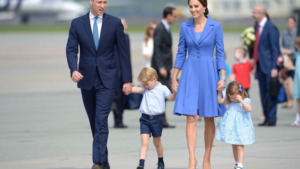 Prince William, the Duchess of Cambridge (in Catherine Walker & Co.), Prince George and Princess Charlotte