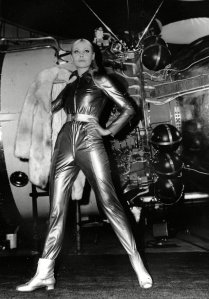 Ludmila Ramanovskaya, of the Soviet Union, models a silver lame space suit outfit during a preview of the Soviet Exhibition at Earls Court in London, England, onFASHION SOVIET SPACE SUIT, LONDON, United Kingdom England
