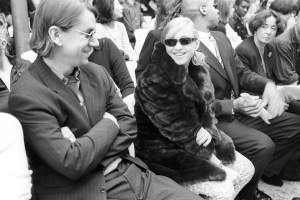 Citation not found; Madonna wearing a fur coat in the audience at Helmet Lang's runway show on October 25th, 1995 in Paris