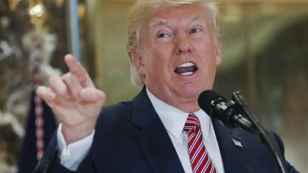 President Donald Trump speaks to the media in the lobby of Trump Tower, in New YorkTrump, New York, USA - 15 Aug 2017
