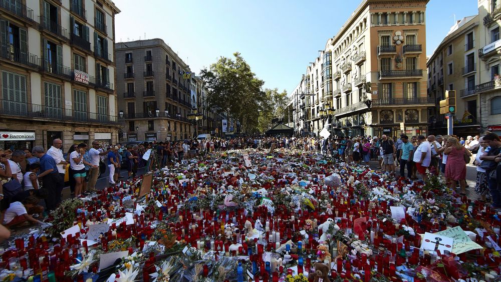 Flowers and candles are placed in tribute to victims of the terrorist attack in Las Ramblas boulevard in Barcelona, Spain, 24 August 2017. At least 15 people were killed and some 130 others injured after cars crashed into pedestrians on the La Rambla boulevard in Barcelona and on a promenade in the coastal city of Cambrils on 17 August. The so-called 'Islamic State' (IS) claimed responsibility for the attacks in Barcelona and Cambrils.Tributes to terrorist attacks victims, Barcelona, Spain - 24 Aug 2017