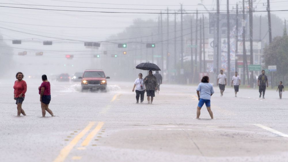 Residents walk along the flooded roadway of Texas 249 as they evacuate their adjacent neighborhoods near T. C. Jester Blvd. in Houston, Texas, USA, 27 August 2017. The areas in and around Houston and south Texas are experiencing record floods after more than 24 inches of rain after Harvey made landfall in the south coast of Texas as a category 4 hurricane, the most powerful to affect the US since 2004. Harvey has weakened and been downgraded to a tropical storm and is expected to cause heavy rain for several days.Major flooding hits the city of Houston, Texas after Hurricane Harvey makes landfall as a tropical storm, USA - 27 Aug 2017