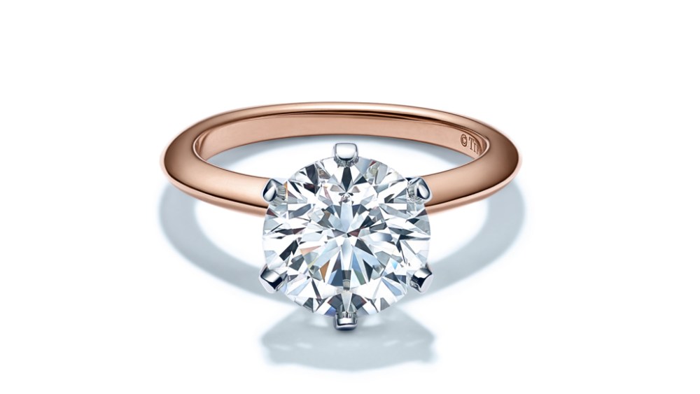 The new Tiffany Setting engagement ring in 18-karat rose gold.