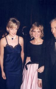 Princess Diana in a black, lace-trimmed slip dress standing beside Helene Arnault, at the MET Costume Gala, 1996.