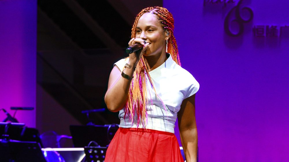 Alicia Keys on stage at the Plaza 66 reopening. 