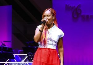 Alicia Keys on stage at the Plaza 66 reopening. 