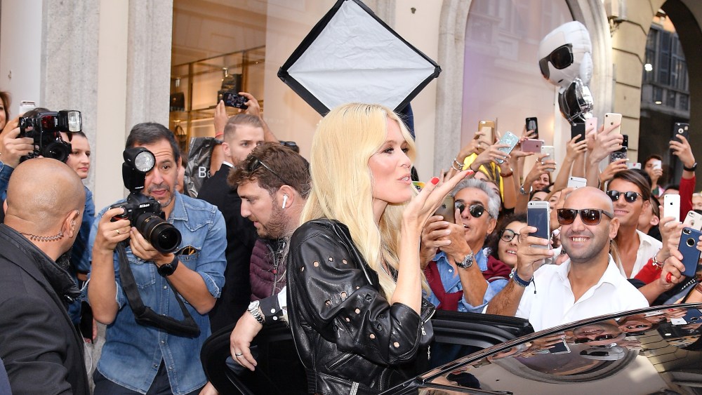 Claudia Schiffer arriving at the Versace store for her book's signing event.