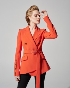 Evan Rachel Wood in Altuzarra’s orange jacket and black pants.
