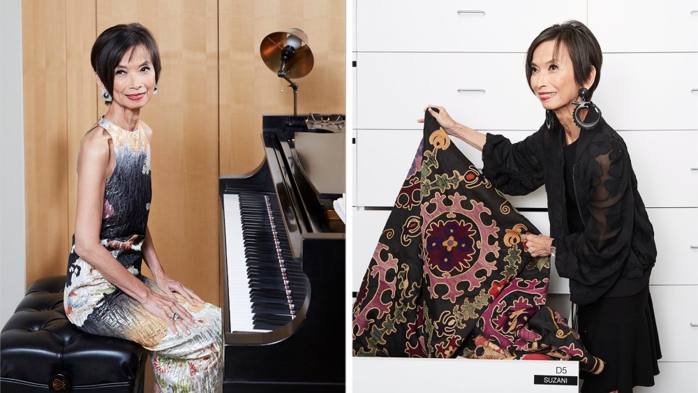Josie Natori at her piano, and browsing her archival collection at her home.