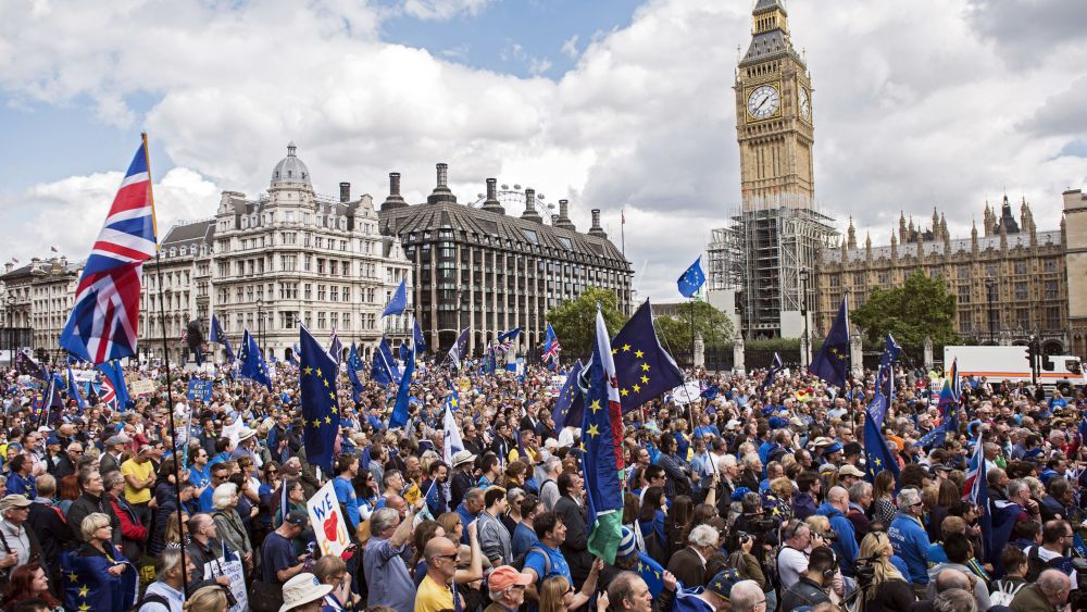 Pro-EU demonstrators gather in Parliament Square in London