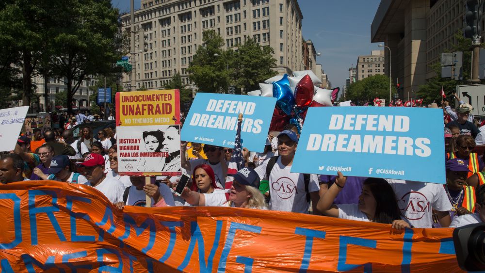 People take to the streets to protest during the announcement by US Attorney General Jeff Sessions at a briefing on Deferred Action For Childhood Arrivals, at the Department of Justice in Washington, DC, USA, 05 September 2017. President Donald Trump has decided to end the Obama-era program that grants work permits to undocumented immigrants who arrived in the country as children.Protest on Deferred Action For Childhood Arrivals Program, Washington, USA - 05 Sep 2017