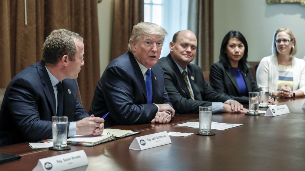 Donald J. Trump, Josh Gottheimer, Tom Reed and Stephanie MurphyUS President Donald J. Trump meets with a bipartisan group of congress on tax reform, Washington, USA - 13 Sep 2017US President Donald J. Trump (2-L) with Democratic Representative from New Jersey Josh Gottheimer (L), Republican Representative from New York Tom Reed (C), Democratic Representative from Florida Stephanie Murphy (2-R) and Democratic Representative from Arizona Kyrsten Sinema (R), delivers remarks during a bipartisan meeting of US representatives on tax reform in the Cabinet Room of the White House in Washington, DC, USA, 13 September 2017.