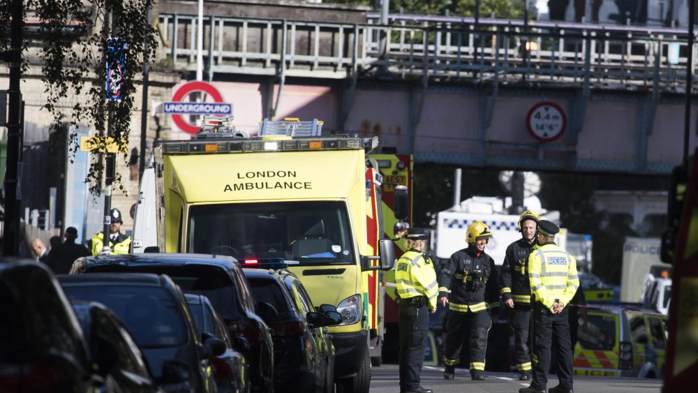 Emergency services gather close to the 'Parsons Green' Underground Station in London, Britain, 15 September 2017. Emergency services have responded to reports of an explosion on an underground tube train.Emergency Services respond to incident at Parsons Green Underground Station, London, United Kingdom - 15 Sep 2017