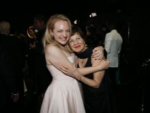 Elisabeth Moss, Linda Moss hug backstage at the 69th Primetime Emmy Awards, at the Microsoft Theater in Los Angeles69th Primetime Emmy Awards - Red Carpet Stage, Los Angeles, USA - 17 Sep 2017