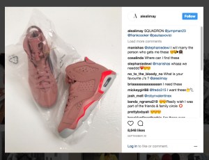 Aleali May's "Millennial Pink" Jordan 6's that she designed for friends and family.