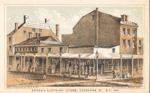 Illustration of Brooks Brothers Store on Catharine and Cherry Street NYC (1845).