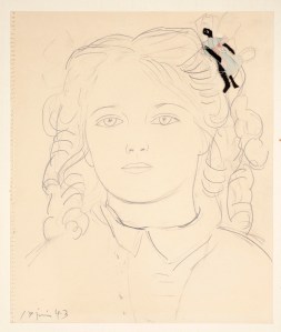 Pablo PIcassoMaya à la poupée dans les cheveux,1943Pencil on paper, pin, fabric and ribbon37 x 31 cm