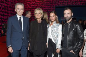 Bernard Arnault, Hélène Mercier, Alicia Vikander and Nicolas GhesquièreLouis Vuitton 'Volez, Voguez, Voyagez' exhibition opening, Inside, New York, USA - 26 Oct 2017