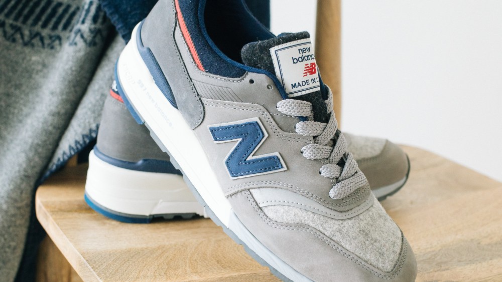The New Balance sneaker features Woolrich wool.