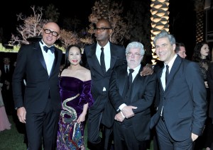 LOS ANGELES, CA - NOVEMBER 04:  (L-R) Gucci CEO Marco Bizzarri, Co-host Eva Chow, wearing Gucci, honoree Mark Bradford, wearing Gucci; honoree George Lucas, and LACMA CEO and Wallis Annenberg Director Michael Govan, wearing Gucci, attend the 2017 LACMA Art + Film Gala Honoring Mark Bradford and George Lucas presented by Gucci at LACMA on November 4, 2017 in Los Angeles, California.  (Photo by Donato Sardella/Getty Images for LACMA) *** Local Caption *** Mark Bradford;George Lucas;Michael Govan;Marco Bizzarri;Eva Chow