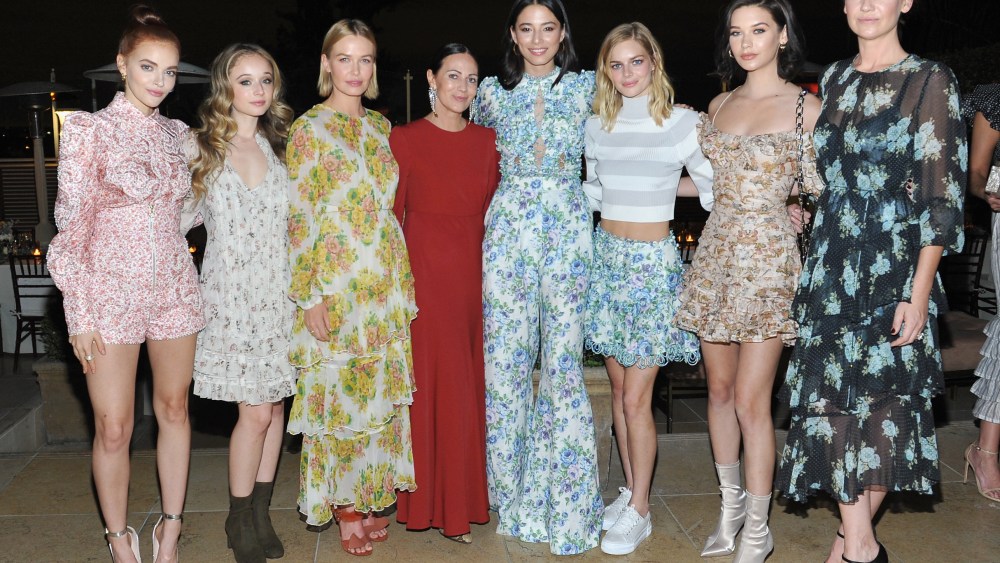 Madeline Brewer, Carson Meyer, Lara Worthington, Zimmermann Founder/designer Nicky Zimmermann, Jessica Gomes, Samara Weaving, Amanda Steele and Anna Torv at Zimmermann Los Angeles Dinner at Sunset Tower