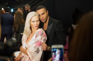 Karlie Kloss and Olivier Rousteing backstage during hair and make-up at the Victoria's Secret show, which will be filmed on today and broadcast on November 28.