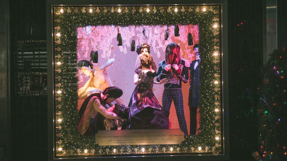 Bloomingdale's holiday windows have scenes and songs from the upcoming movie "The Greatest Showman."