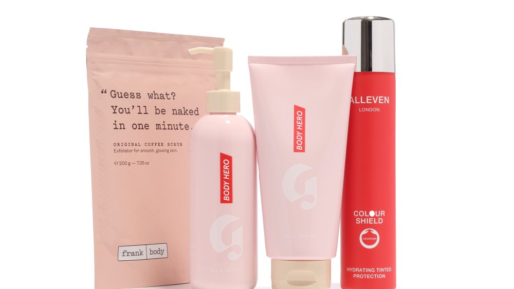 Frank Body's Original Coffee Scrub, Glossier's Body Hero Daily Oil Wash and Daily Perfecting Cream, Alleven London's Colour Shield Hydrating Tinted Protection.