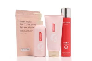 Frank Body's Original Coffee Scrub, Glossier's Body Hero Daily Oil Wash and Daily Perfecting Cream, Alleven London's Colour Shield Hydrating Tinted Protection.