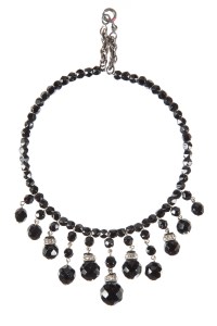 A faceted jet bead choker on wire with bead and crystal rondelle drops. Worn by Lauren Becall in "Bright Leaf" (Warner Bros., 1950), and Elsa Lanchester in "Frenchie" (Universal International Pictures, 1950).