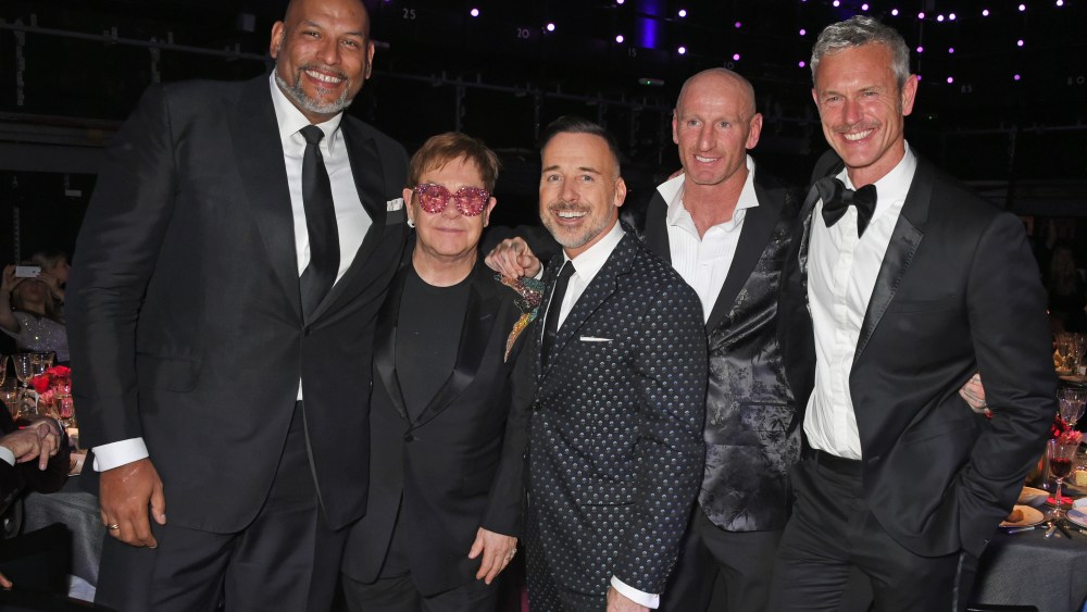LONDON, ENGLAND - NOVEMBER 29: (L to R) John Amaechi, Sir Elton John, David Furnish, Gareth Thomas and Mark Foster attend CLUB LOVE for the Elton John AIDS Foundation in association with BVLGARI on November 29, 2017 in London, England. Pic Credit: Dave Benett