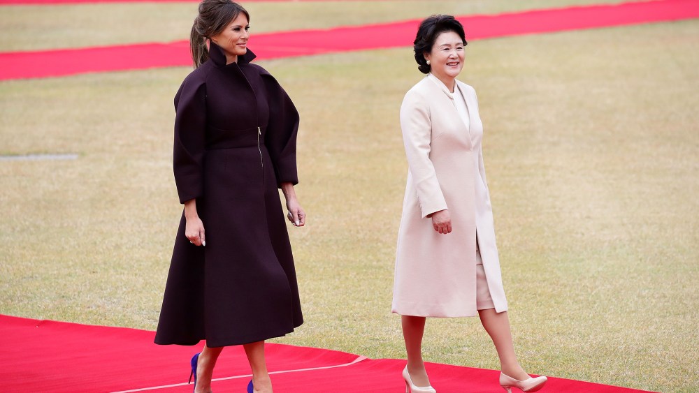 US First Lady Melania Trump (L) and South Korean First Lady Kim Jung-Sook (R) walk during a welcoming ceremony held at the presidential Blue House in Seoul, South Korea, 07 November 2017. Trump is on a two-day official visit to South Korea, the second stop on his 12 day tour of Asia.US President Donald J. Trump visits South Korea, Seoul - 07 Nov 2017