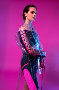Fenty Puma by Rihanna’s viscose, nylon and elastane top and nylon and elastane shorts; Johna Stone’s vinyl jacket. Jennifer Fisher earring (worn throughout).