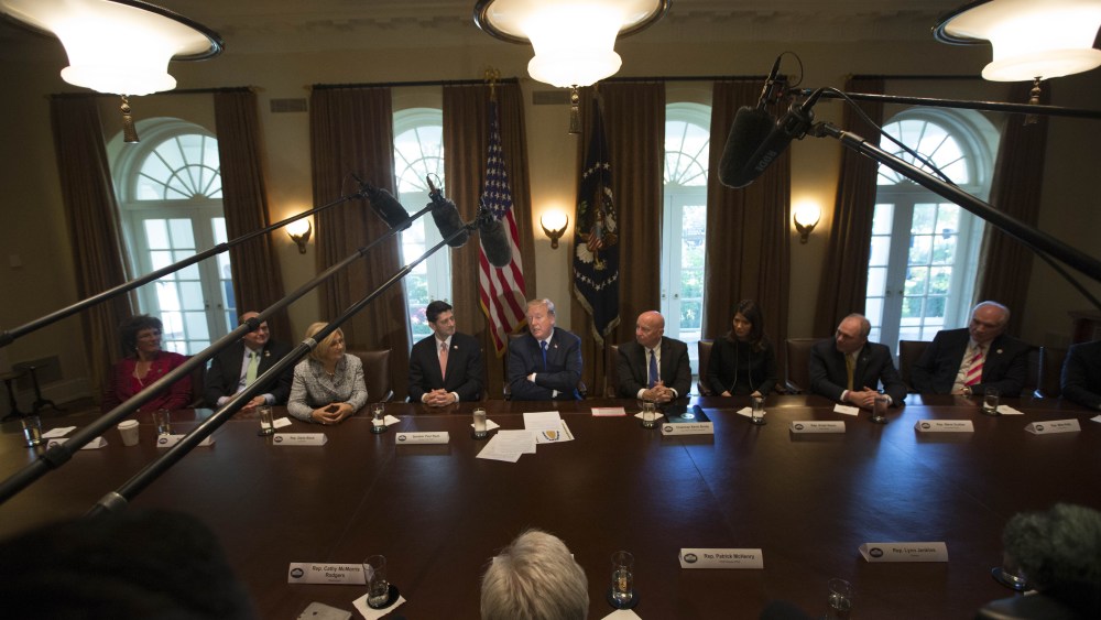 Speaker Paul Ryan, US President Donald J Trump and House of Representatives Ways and Means Committee Chairman, Representative Kevin BradyHouse Republicans meet with Donald Trump on proposed tax plan, Washington DC, USA - 02 Nov 2017President of the United States Donald J Trump, flanked by Speaker of the United States House of Representatives, Paul Ryan, Republican of Wisconsin, left, and United States House of Representatives Ways and Means Committee Chairman, Representative Kevin Brady, Republican of Texas, right, speaks with reporters about his proposed tax reform plan in the cabinet room during a meeting with congressional republicans at the White House.